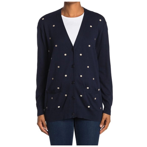 J. Crew Small Cardigan Polka Dot Navy Blue Cotton Rack Boyfriend  Knit  V-Neck - Picture 1 of 12